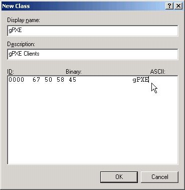 Defining the gPXE DHCP User Class in Windows Defining the gPXE DHCP User Class in Windows