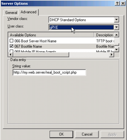Defining the filename for gPXE clients in Windows